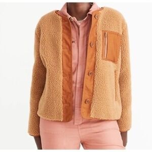 Madewell Sherpa Chestnut Fleece Jacket Corduroy Trim Zip‎ Pocket Brown Size S